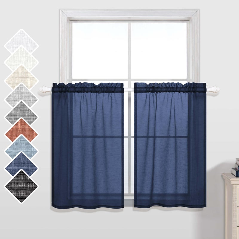 KOUFALL Short Curtains for Bathroom Window,Sheer Cafe Curtains for Kitchen 36 Inch Length,Navy Blue - Image 1